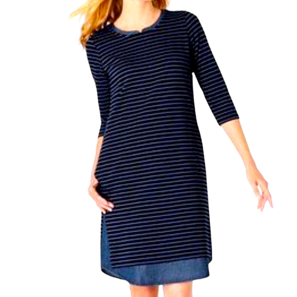 J Jill Blue Striped 3 Quarter Sleeve Lagenlook Tencel Shirttail Hem Womens Small